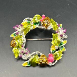 VTG Napier Fall Harvest Pine Cone Wreath Brooch Pin SilverTone Floral